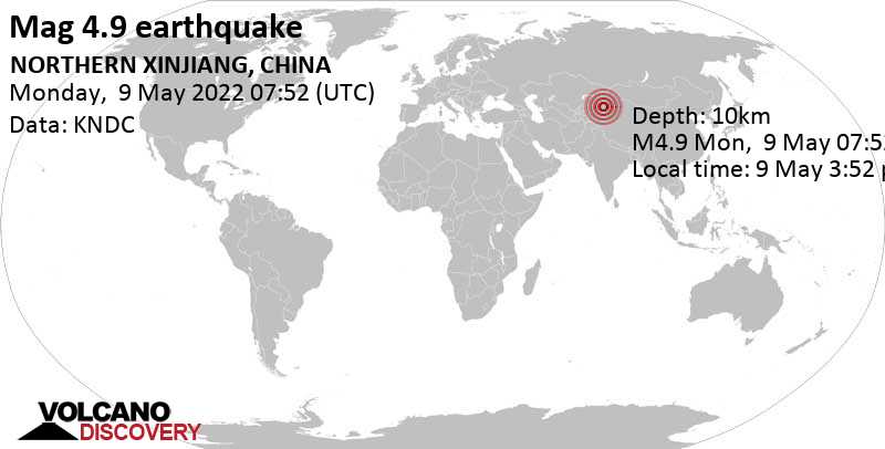 Terremoto moderado mag. 4.9 - Kazakhstan, 149 km SSE of Qapqal, Ili Kazak Zizhizhou, Xinjiang, China, lunes,  9 may 2022 15:52 (GMT +8)