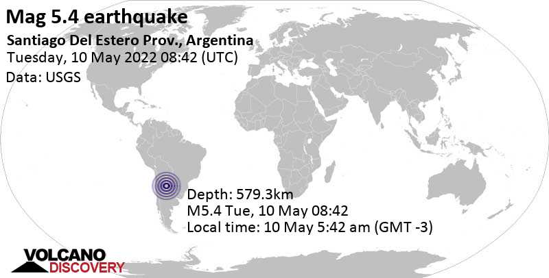 Quake Moderate Mag. 5.4 Earthquake - 111 km Northeast of Santiago del Estero, Departamento de Capital, Santiago del Estero, Argentina, on Tuesday, May 10, 2022 at 5:42 am (GMT -3) - 1 User Experience Report