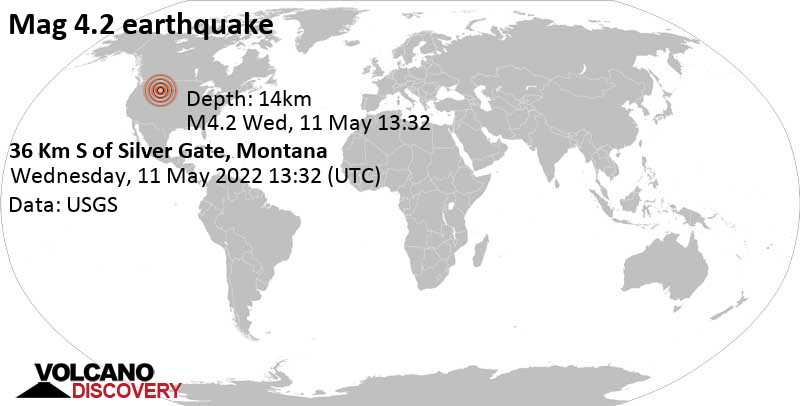 Moderate mag. 4.2 earthquake - 47 mi west of Cody, Park County, Wyoming, USA, on Wednesday, May 11, 2022 at 7:32 am (GMT -6)