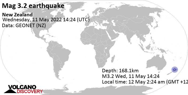 Sehr schwaches Beben Stärke 3.2 - 30 km nordwestlich von Tauranga, Bay of Plenty, Neuseeland, am Donnerstag, 12. Mai 2022 um 02:24 Lokalzeit