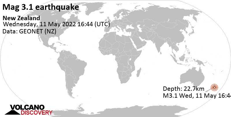 Schwaches Erdbeben Stärke 3.1 - 29 km südlich von Hastings, England, Hawke\'s Bay, Neuseeland, am Donnerstag, 12. Mai 2022 um 04:44 Lokalzeit