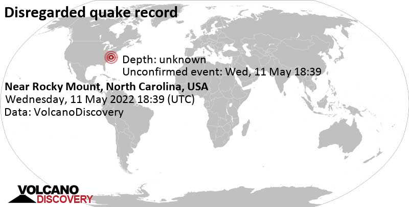 Unbekanntes (usrprünglich als Erdbeben) gemeldetes Ereignis: 6 km südwestlich von Rocky Mount, Nash County, North Carolina, USA, am Mittwoch, 11. Mai 2022 um 14:39 Lokalzeit