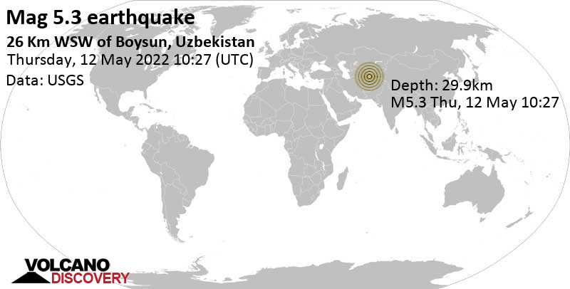 Δυνατός σεισμός μεγέθους 5.3 - 27 km νοτιοδυτικά από Boysun, Ουζμπεκιστάν, Πέμπτη, 12 Μαΐ 2022 15:27 (GMT +5)
