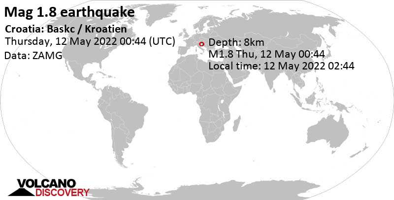Minor mag. 1.8 earthquake - Primorsko-Goranska Županija, 9.2 km west of Senj, Croatia, on Thursday, May 12, 2022 at 2:44 am (GMT +2)