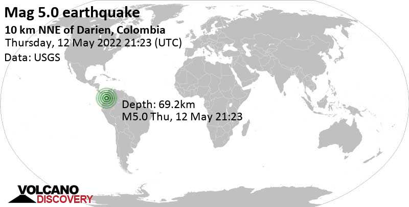 Moderate mag. 5.0 earthquake - 25 km northwest of Guadalajara de Buga, Colombia, on Thursday, May 12, 2022 at 4:23 pm (GMT -5)