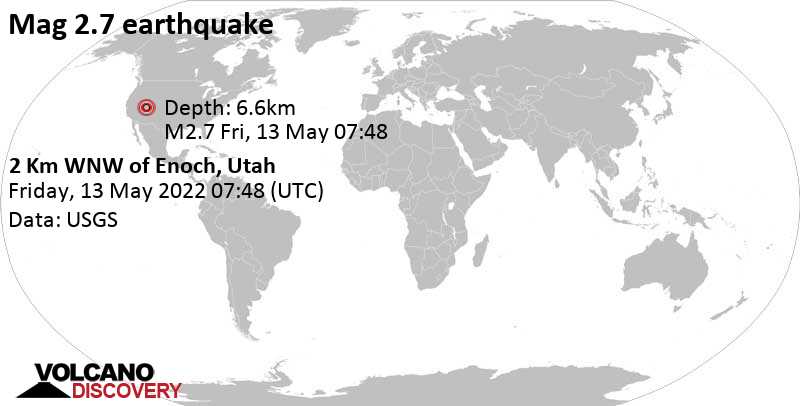 Weak mag. 2.7 earthquake - 9.6 mi northeast of Cedar City, Iron County, Utah, USA, on Friday, May 13, 2022 at 1:48 am (GMT -6)