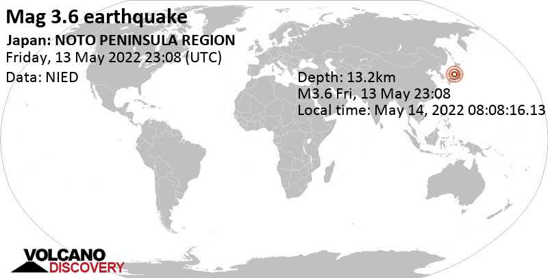 Light mag. 3.6 earthquake - Ishikawa, 89 km north of Toyama, Japan, on Saturday, May 14, 2022 at 8:08 am (GMT +9)