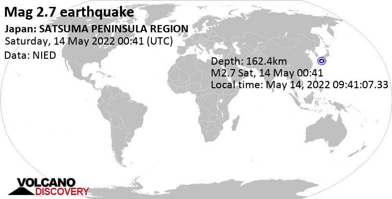 Minor mag. 2.7 earthquake - 12 km southeast of Kaseda-shirakame, Minamisatsuma Shi, Kagoshima, Japan, on Saturday, May 14, 2022 at 9:41 am (GMT +9)