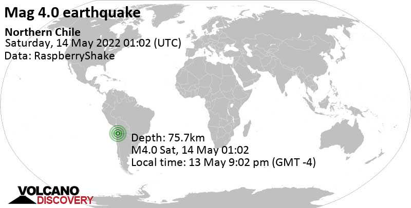 Light mag. 4.0 earthquake - 44 km south of Calama, Provincia de El Loa, Antofagasta, Chile, on Friday, May 13, 2022 at 9:02 pm (GMT -4)