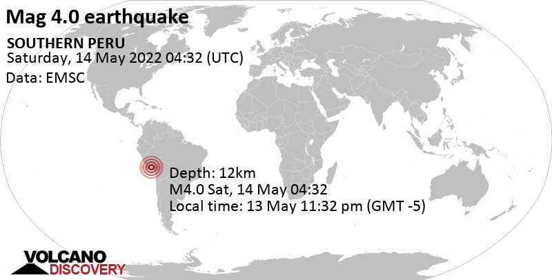 Terremoto moderado mag. 4.0 - 42 km NNW of Lluta, Provincia de Caylloma, Arequipa, Peru, viernes, 13 may 2022 23:32 (GMT -5)