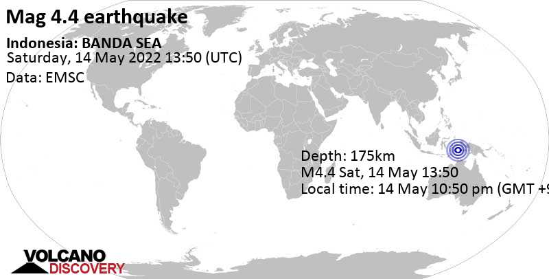 Light mag. 4.4 earthquake - Banda Sea, 245 km west of Tual, Maluku, Indonesia, on Saturday, May 14, 2022 at 10:50 pm (GMT +9)