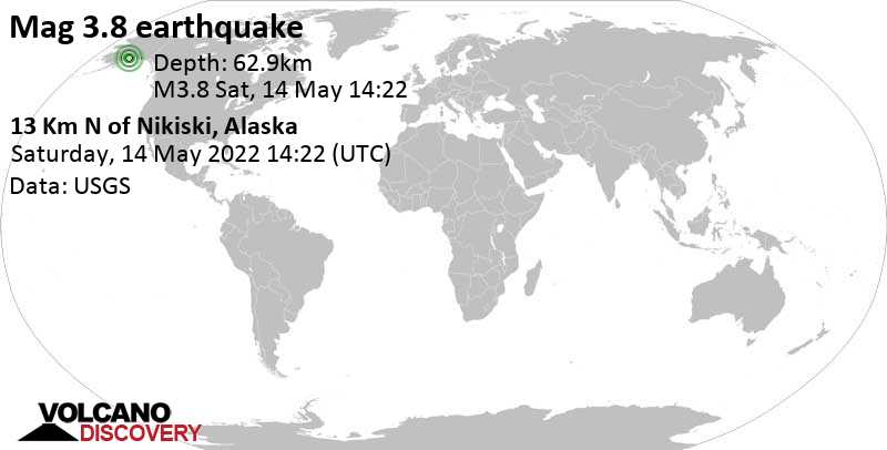 Schwaches Erdbeben Stärke 3.8 - 86 km südwestlich von Alaska City, Anchorage, Alaska, USA, am Samstag, 14. Mai 2022 um 06:22 Lokalzeit
