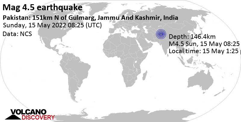 Light mag. 4.5 earthquake - 56 km south of Gilgit, Pakistan, on Sunday, May 15, 2022 at 1:25 pm (GMT +5)