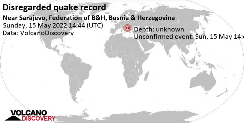 Unbekanntes (usrprünglich als Erdbeben) gemeldetes Ereignis: 5.8 km östlich von Sarajevo, Föderation Bosnien und Herzegowina, am Sonntag, 15. Mai 2022 um 16:44 Lokalzeit