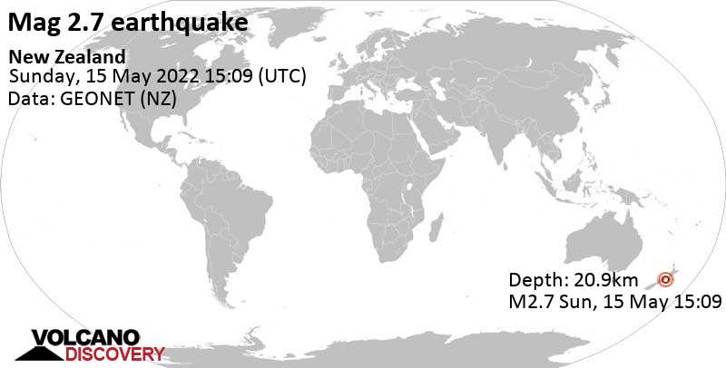 Schwaches Erdbeben Stärke 2.7 - South Pacific Ocean, 92 km südwestlich von Wellington, Neuseeland, am Montag, 16. Mai 2022 um 03:09 Lokalzeit