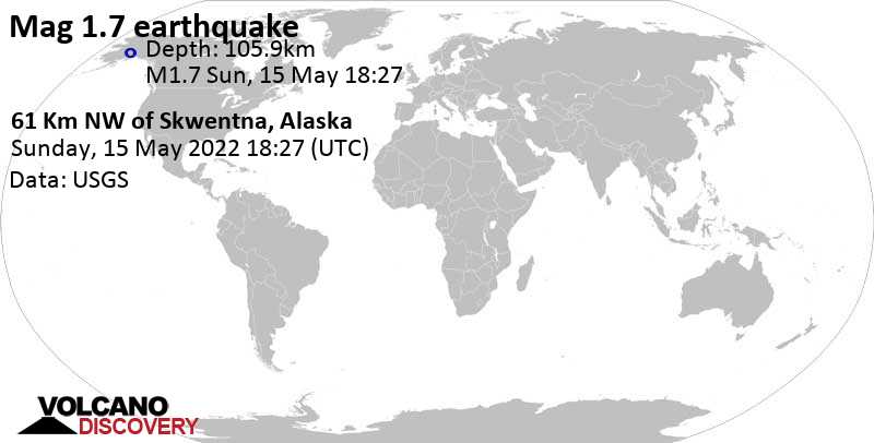 Sehr schwaches Beben Stärke 1.7 - 61 Km NW of Skwentna, Alaska, am Sonntag, 15. Mai 2022 um 10:27 Lokalzeit
