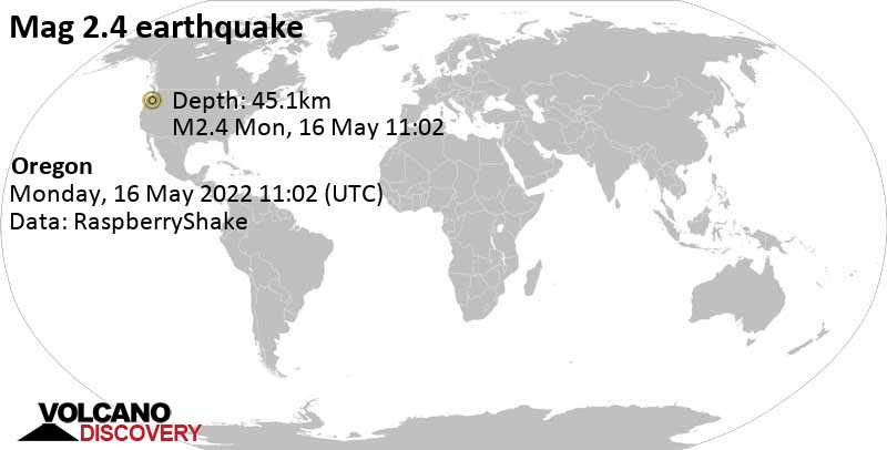 Minor mag. 2.4 earthquake - 43 mi east of Salem (Oregon), Marion County, Oregon, USA, on Monday, May 16, 2022 at 4:02 am (GMT -7)