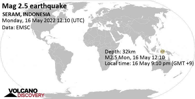 Minor mag. 2.5 earthquake - Banda Sea, Indonesia, on Monday, May 16, 2022 at 9:10 pm (GMT +9)
