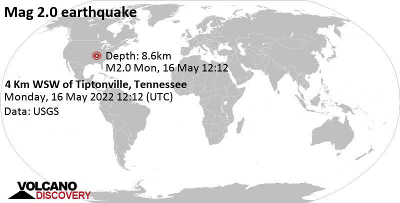Séisme mineur mag. 2.0 - 4 Km WSW of Tiptonville, Tennessee, lundi, 16 mai 2022 07:12 (GMT -5)