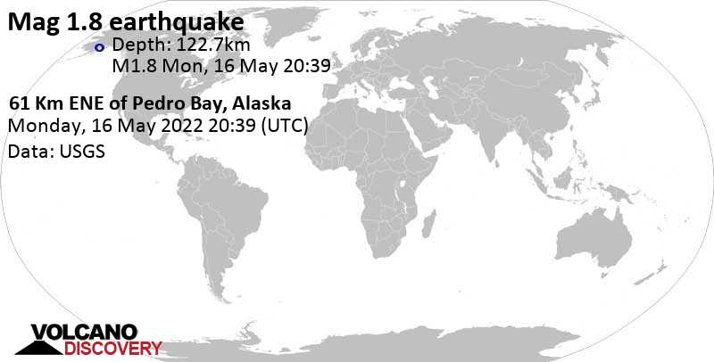 Sehr schwaches Beben Stärke 1.8 - 61 Km ENE of Pedro Bay, Alaska, am Montag, 16. Mai 2022 um 12:39 Lokalzeit