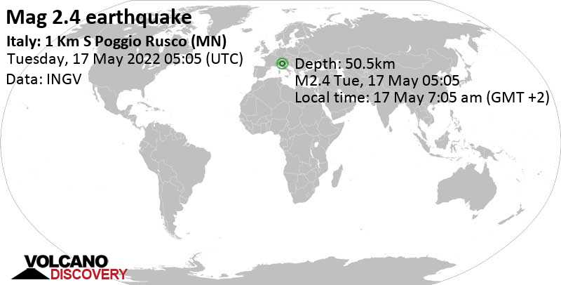 Minor mag. 2.4 earthquake - Lombardy, 10.5 km north of Mirandola, Province of Modena, Emilia-Romagna, Italy, on Tuesday, May 17, 2022 at 7:05 am (GMT +2)