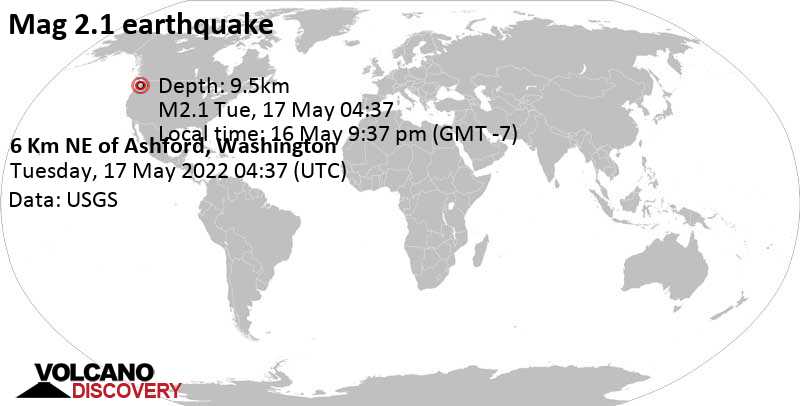 Weak mag. 2.1 earthquake - 6 Km NE of Ashford, Washington, on Monday, May 16, 2022 at 9:37 pm (GMT -7)