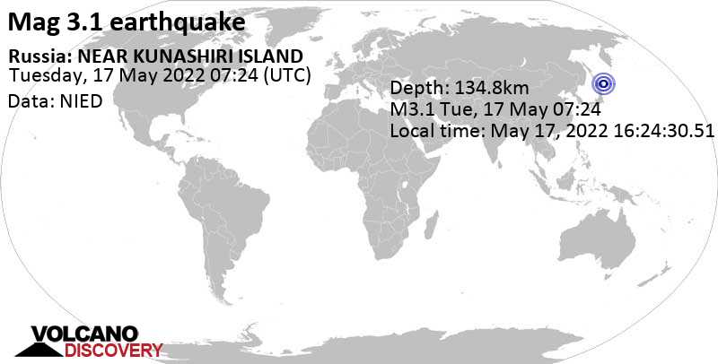 Minor mag. 3.1 earthquake - Sea of Okhotsk, 28 km east of Shibetsu, Hokkaido, Japan, on Tuesday, May 17, 2022 at 5:24 pm (GMT +10)