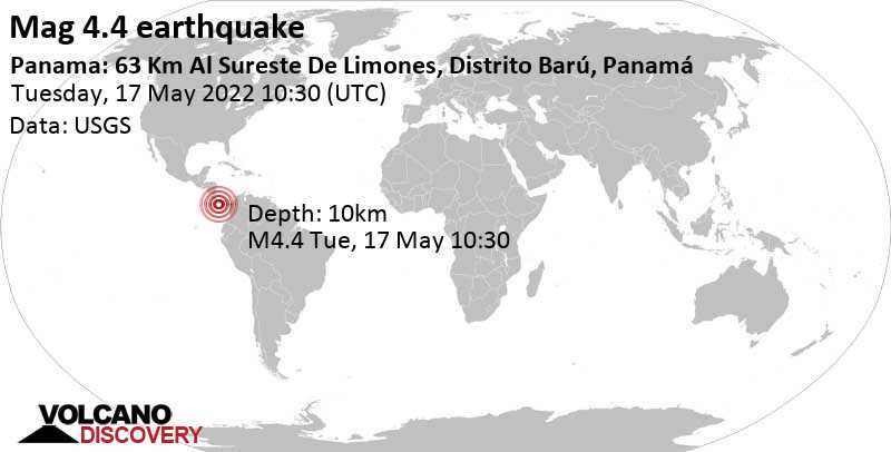 Terremoto moderado mag. 4.4 - North Pacific Ocean, 82 km SSE of David, Provincia de Chiriqui, Panama, martes, 17 may 2022 05:30 (GMT -5)