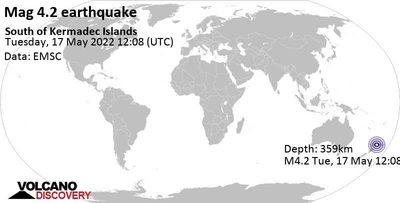 Light mag. 4.2 earthquake - South Pacific Ocean, New Zealand, on Wednesday, May 18, 2022 at 12:08 am (GMT +12)