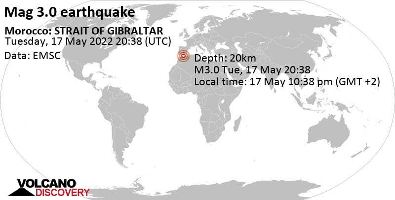 Weak mag. 3.0 earthquake - Alboran Sea, 35 km northeast of Al Hoceima, Morocco, on Tuesday, May 17, 2022 at 10:38 pm (GMT +2)