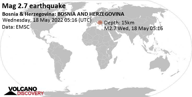 Weak mag. 2.7 earthquake - 32 km northwest of Trebinje, Bosnia Serb Republic, Bosnia & Herzegovina, on Wednesday, May 18, 2022 at 7:16 am (GMT +2)