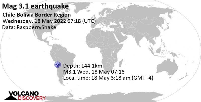Minor mag. 3.1 earthquake - 80 km north of Calama, Provincia de El Loa, Antofagasta, Chile, on Wednesday, May 18, 2022 at 3:18 am (GMT -4)