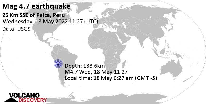 MagLite.  4.7 - Terremoto de Tacna, 75 km al noreste de Arica, Región de Arica y Barinacota, Chile, el miércoles 18 de mayo de 2022 a las 6:27 am (GMT -5)