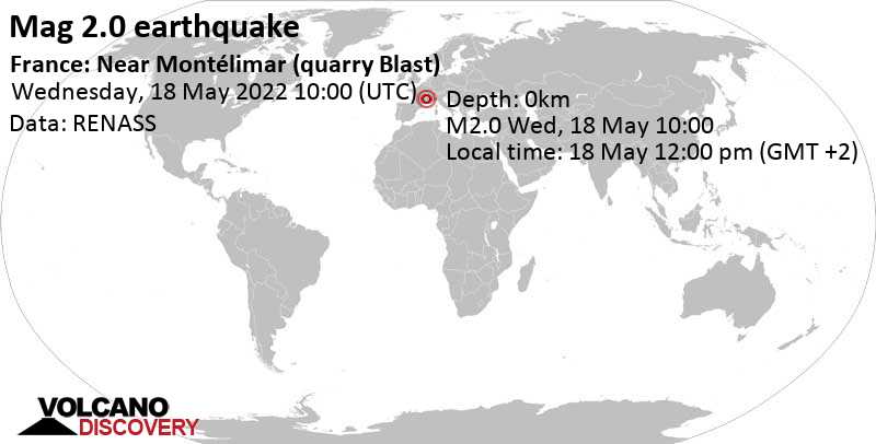 Weak mag. 2.0 earthquake - 14 km northwest of Montelimar, Drôme, Auvergne-Rhône-Alpes, France, on Wednesday, May 18, 2022 at 12:00 pm (GMT +2)
