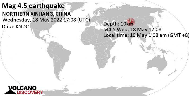 Moderate mag. 4.5 earthquake - 57 km southeast of Shihezi, Xinjiang, China, on Thursday, May 19, 2022 at 1:08 am (GMT +8)