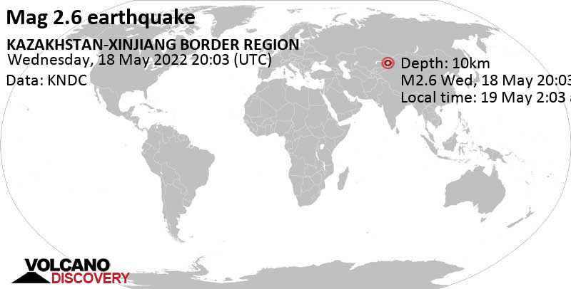 Weak mag. 2.6 earthquake - 38 km northwest of Druzhba, Alakol District, Almaty Oblysy, Kazakhstan, on Thursday, May 19, 2022 at 2:03 am (GMT +6)