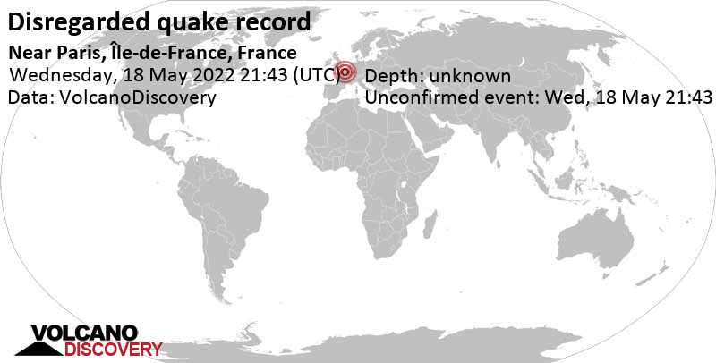 Evento desconocido (originalmente reportado como sismo): 8.6 km al noroeste de Paris, Region Ile-de-France, Francia, miércoles, 18 may 2022 23:43 (GMT +2)