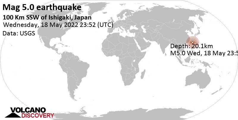 Moderate mag. 5.0 earthquake - Philippine Sea, 101 km southwest of Ishigaki, Okinawa, Japan, on Thursday, May 19, 2022 at 8:52 am (GMT +9)