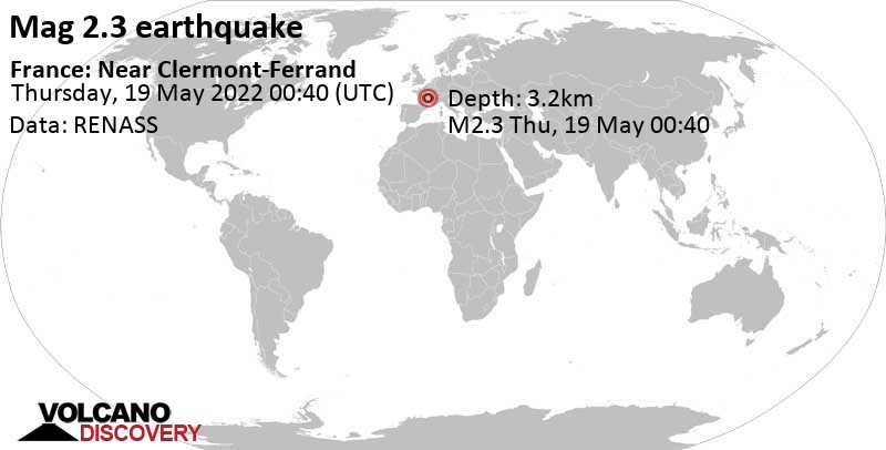 Weak mag. 2.3 earthquake - 27 km southwest of Clermont-Ferrand, Puy-de-Dôme, Auvergne-Rhône-Alpes, France, on Thursday, May 19, 2022 at 2:40 am (GMT +2)