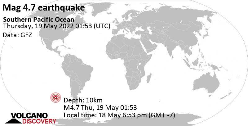 Moderate mag. 4.7 earthquake - South Pacific Ocean on Wednesday, May 18, 2022 at 6:53 pm (GMT -7)