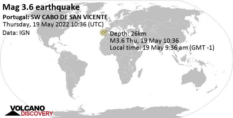 Ελαφρύς σεισμός μεγέθους 3.6 - North Atlantic Ocean, Πορτογαλία, Πέμπτη, 19 Μαΐ 2022 09:36 (GMT -1)