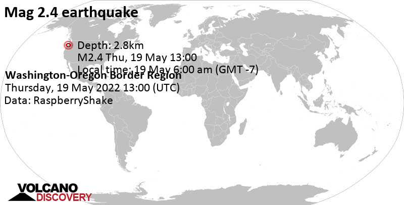 Weak mag. 2.4 earthquake - 5.3 mi southwest of Newberg, Yamhill County, Oregon, USA, on Thursday, May 19, 2022 at 6:00 am (GMT -7)
