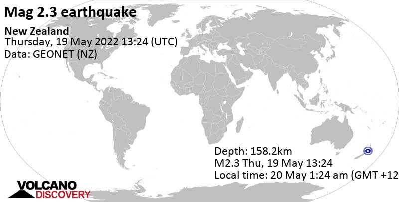 Sehr schwaches Beben Stärke 2.3 - Tasman Sea, 74 km südlich von New Plymouth, Taranaki, Neuseeland, am Freitag, 20. Mai 2022 um 01:24 Lokalzeit