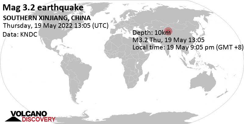Light mag. 3.2 earthquake - SOUTHERN XINJIANG, CHINA, on Thursday, May 19, 2022 at 9:05 pm (GMT +8)
