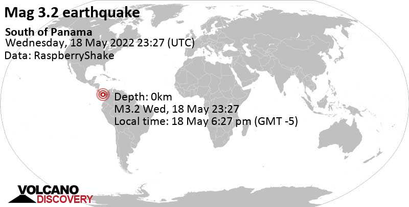 Слабое землетрясение маг. 3.2 - North Pacific Ocean, 98 km к юго-востоку от Las Tablas, Панама, Среда, 18 мая 2022 18:27 (GMT -5)