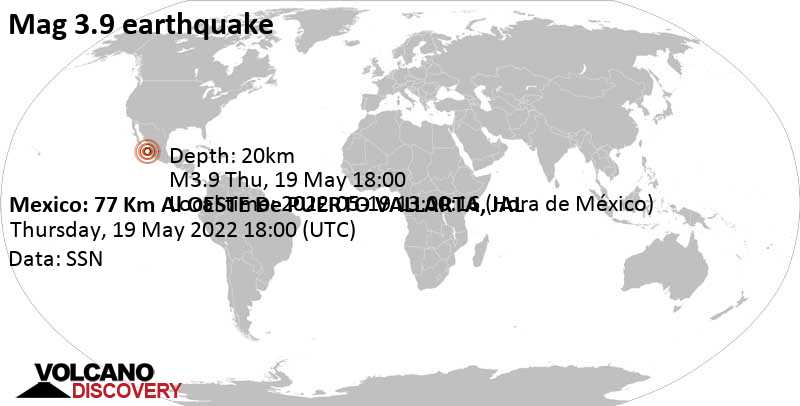 Informe sismo: Terremoto leve mag. 3.9 North Pacific Ocean, 77 WSW of Puerto Vallarta, Jalisco, Mexico, jueves, 19 may 2022 13:00 -5)