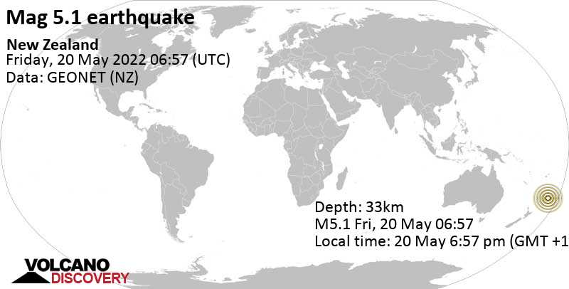 Умеренное землетрясение маг. 5.1 - South Pacific Ocean, Новая Зеландия, Пятница, 20 мая 2022 18:57 (GMT +12)