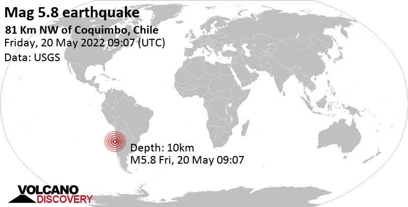 Tremblement de terre fort magnitude 5.8 - South Pacific Ocean, 86 km au nord-ouest de La Serena, Provincia de Elqui, Coquimbo Region, Chili, vendredi, 20 mai 2022 04:07 (GMT -5)