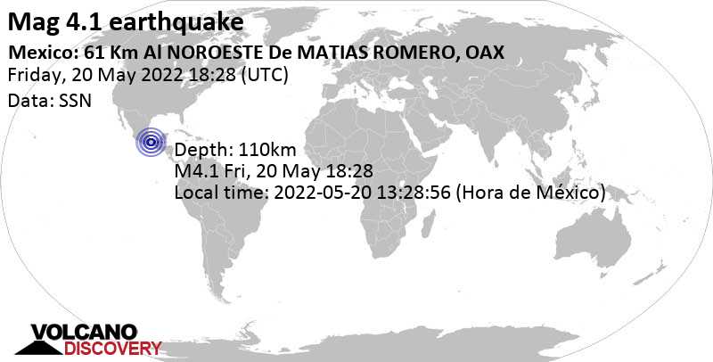 Light mag. 4.1 earthquake - 61 km northwest of Matias Romero Avendaño, Oaxaca, Mexico, on Friday, May 20, 2022 at 1:28 pm (GMT -5)