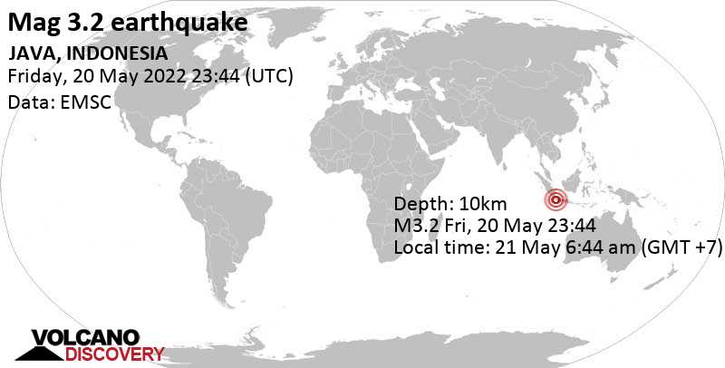 Light mag. 3.2 earthquake - Indian Ocean, 89 km south of Rangkasbitung, Banten, Indonesia, on Saturday, May 21, 2022 at 6:44 am (GMT +7)